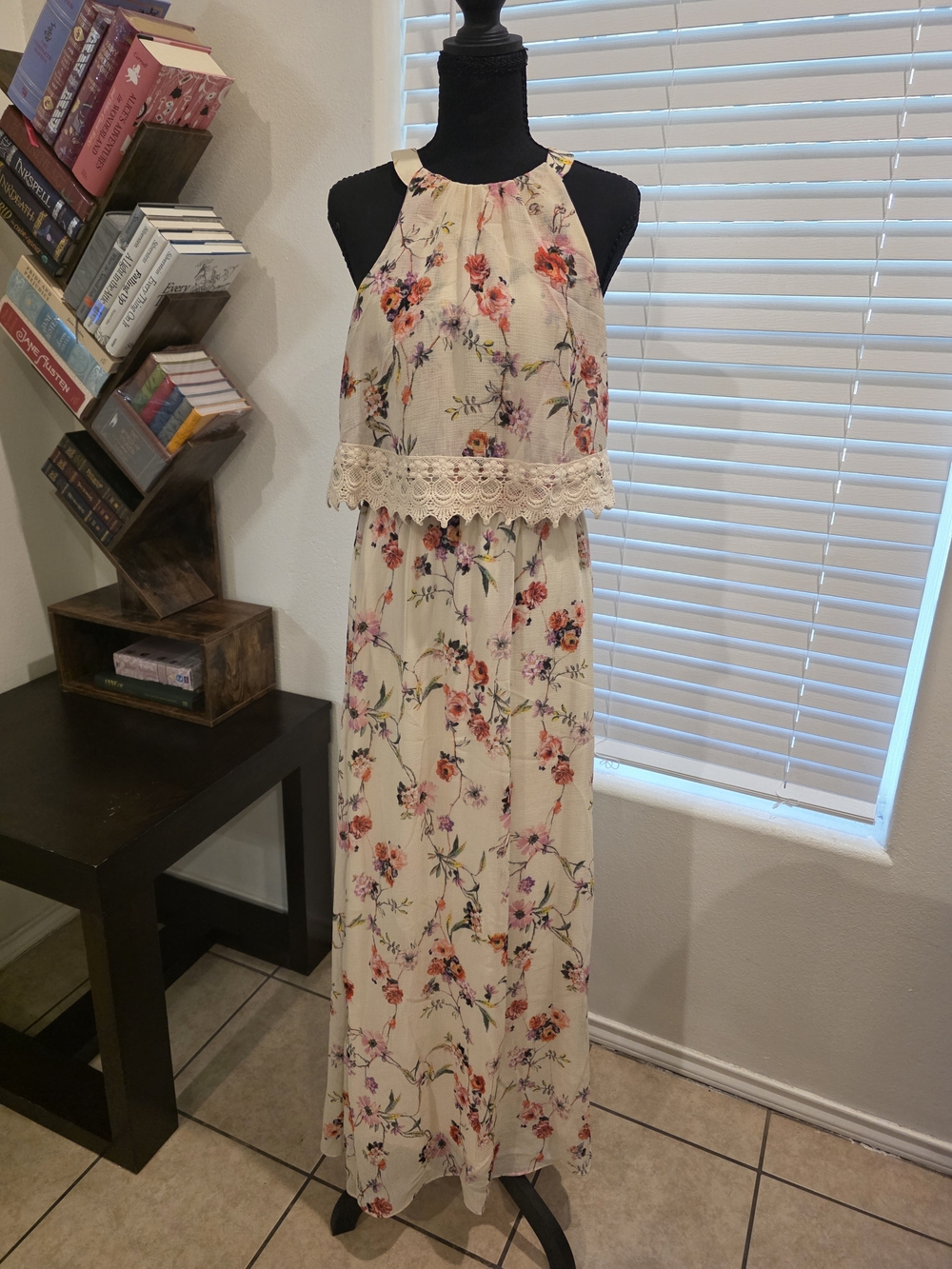 Adrianna Papell Cream Floral Halter Maxi Dress with Lace Overlay